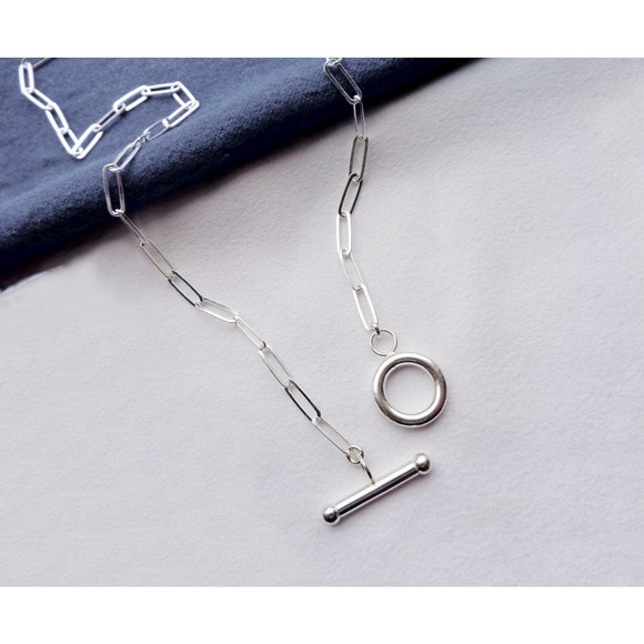 925 Sterling Silver Paperclip Necklace, Toggle Clasp Necklace, Long Link Chain - Picture 5 of 5